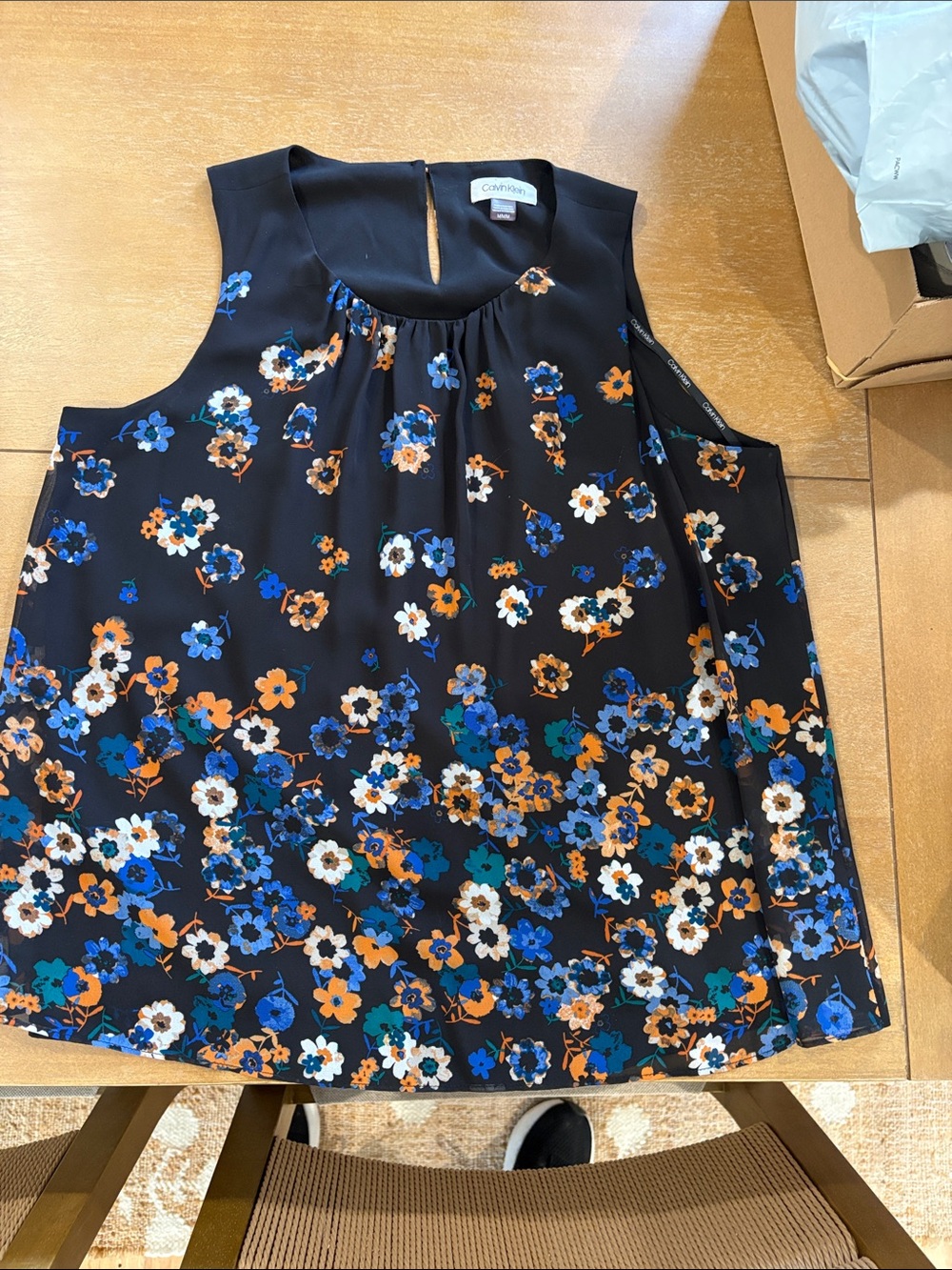 Calvin Klein Black Floral Shell with Orange & Blue Accents